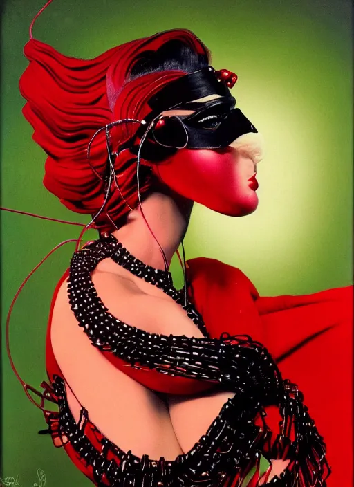 Image similar to an 8 0 s portrait of a woman with dark eye - shadow and red lips with dark slicked back hair, a mask made of wire and beads, dreaming acid - fueled hallucinations, hallucination psychedelic by serge lutens, rolf armstrong, delphin enjolras, peter elson, red cloth background, frilled puffy collar