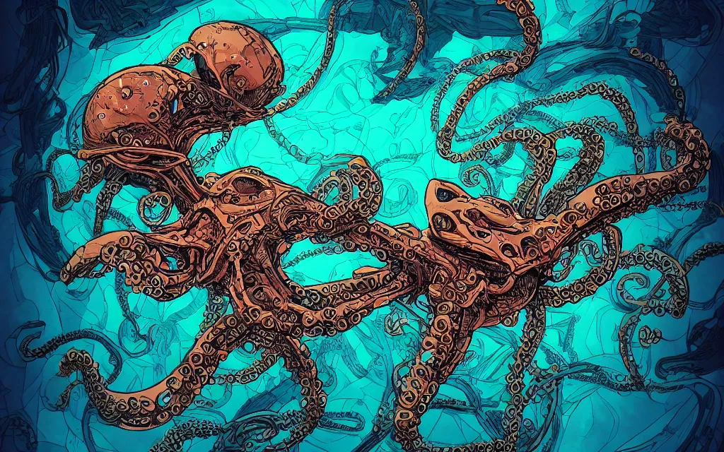 Image similar to biomechanical flying octopus, in the style of james jean and laurie greasley, dynamic composition, dramatic lighting, ultra detailed, nitro colors