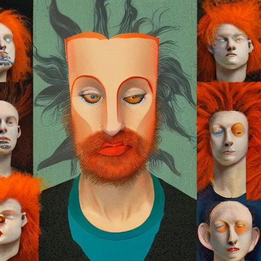 Image similar to a beautiful collage of a self - portrait of the artist. he is shown with his head turned to the left, looking at the viewer. his hair is wild and his eyes are wide open. his right hand is raised, as if he is pointing at something. steelpunk, pale orange by bo bartlett, by takashi murakami lush, swirling