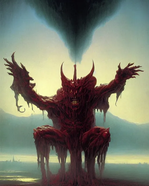 Image similar to a huge humanoid demon by BROM, Thomas Cole and Wayne Barlowe