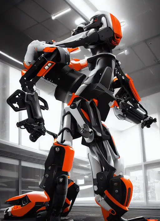 Image similar to a Photorealistic dramatic hyperrealistic full frame render of a Sleek futuristic exosuit Freedom Formula Racing Mech,Ultra realistic details,glossy white metal,Orange racing stripes,weathered surfaces,by Hidetaka Tenjin,Yoh Yoshinori,Yoji Shinkawa,Masamune Shirow,Beautiful dramatic dark moody tones and lighting,cinematic atmosphere,studio lighting,shadows,dark background, Octane render,8K