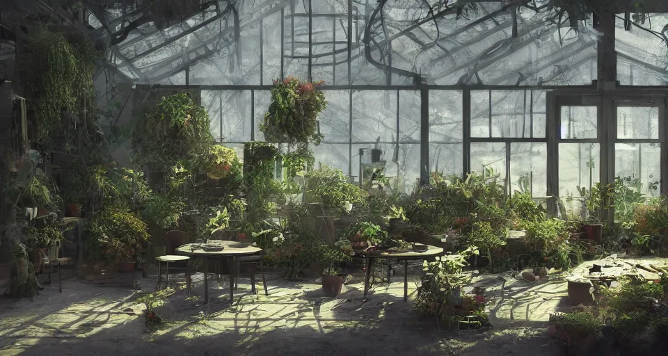 Prompt: night in a broken greenhouse with dead plants, table in the center by Stefan Koidl. octane Render, artstation, wallpaper, volumetric light..