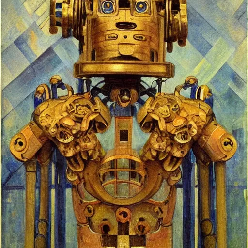 Image similar to the robot wearing the bone crown, by Annie Swynnerton and Diego Rivera, symbolist, dramatic lighting, elaborate geometric ornament, Art Brut ,god rays, soft cool colors,smooth, sharp focus, extremely detailed, Adolf Wölfli