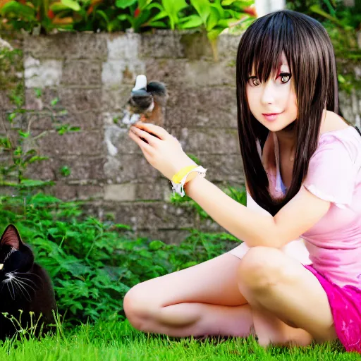 Prompt: anime girl with cat sitting in garden on hot summer, 8k, high quality,