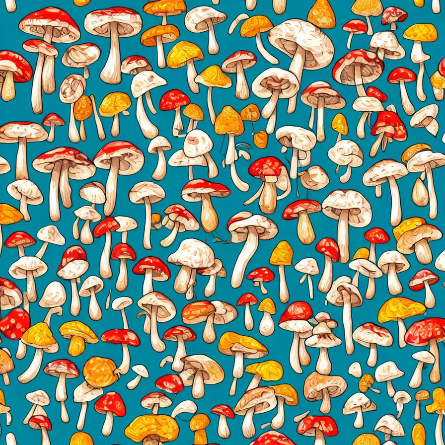 Prompt: plethora of mushroom characters and mycelium, vivid natural color hues and natural surroundings, colorful painted patterns and motifs on mushrooms, seamless fabric pattern 8K, highly detailed.