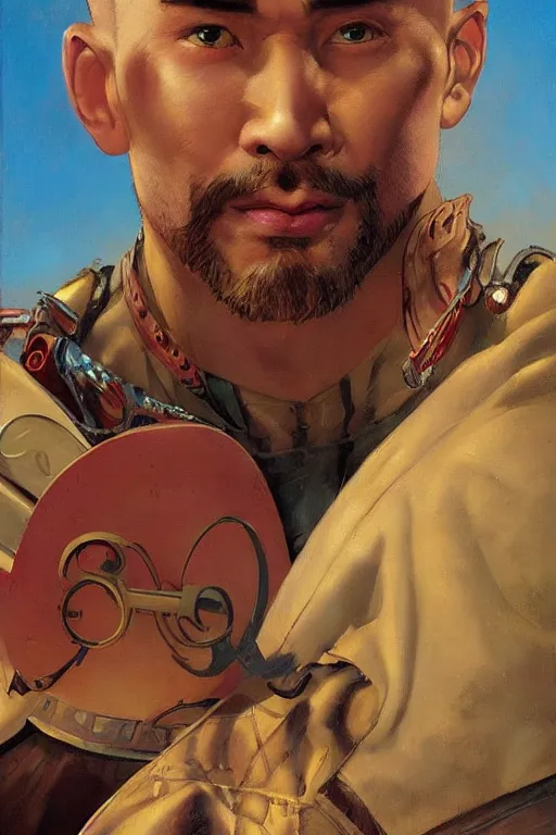 Image similar to beautiful gorgeous bald kazakh guy with a short beard, painted by tom lovell, alex malveda, greg staples