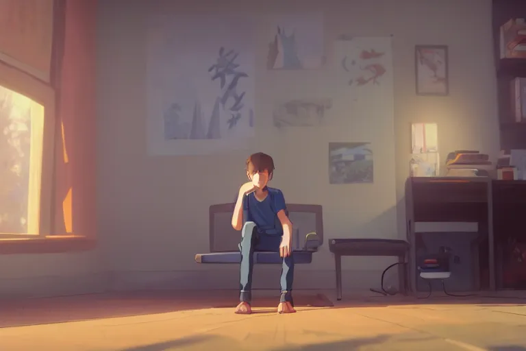 Image similar to a sleepy boy in front of a computer, medium shot, waist up, studio ghibli, pixar and disney animation, sharp, rendered in unreal engine 5, anime key art by greg rutkowski, bloom, dramatic lighting