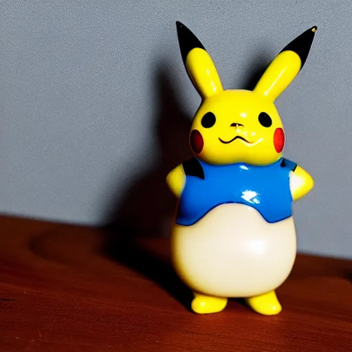 Image similar to a zoomed out studio product shot of a rounded carved smooth cherry wood and resin pikachu in profile, like a catalog photograph, where distinct sections of the carving are blue resin, but is mostly wood, with a smooth featureless minimalist short wooden nose with no nostrils, and a round minimalist behind