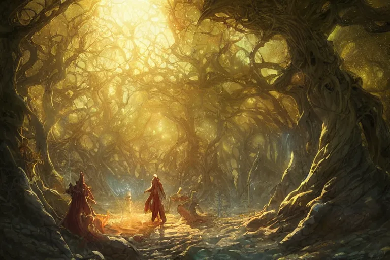 Prompt: dungeons and dragons fantasy painting, sacred grove of autumn maple bonsais in a desert with gnostic glowing runes, anime inspired by krenz cushart, evening lighting, by brian froud jessica rossier and greg rutkowski