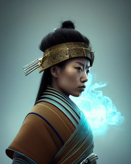 Prompt: portrait of samurai, female, prismatic highlights, smoke atmosphere, super model, brown skin, blue eyes, telephoto, beautiful, depth of field, cinematic, macro, concept art, 50mm, art station, wepa digital, digital painting, elegant, epic, focus, octane render, v-ray, 8k, C4D, art by Takashi Murakami