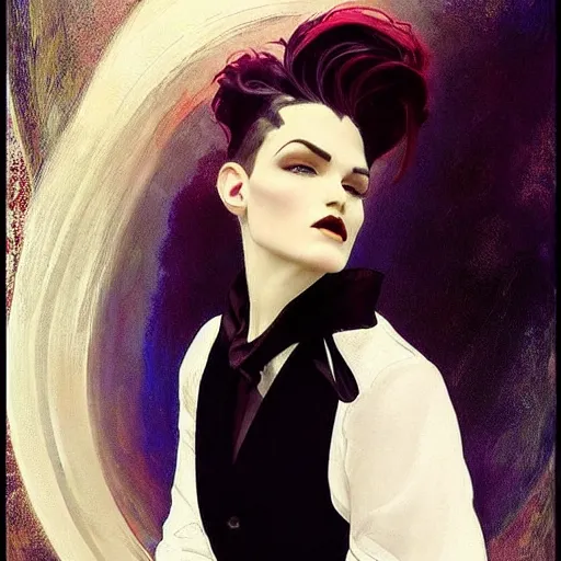 Image similar to beautiful portrait of androgynous ruby rose as desire from sandman in a white tuxedo!!!, rockabilly style, by alphonse mucha, cedric peyravernay, by jeremy mann, by frank moth, white suit and black tie, soft lightning, high detailed, 8 k