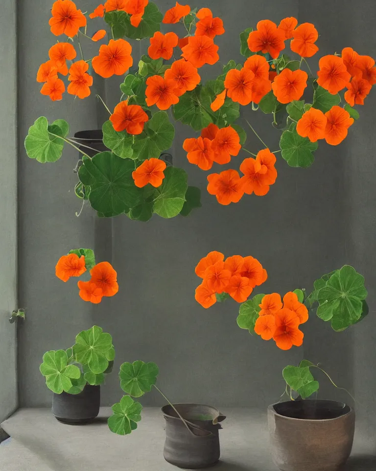 Image similar to fine artwork of a still life arrangement of flowering nasturtiums in japanese ceramic pots. soft light coming from a window in a dark room, moody, wabisabi, hygge