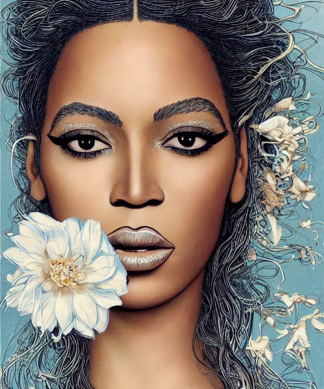 Image similar to facial portrait of Beyonce as a young pretty woman in flowing dress, arrogant, mysterious, long fine flowing hair, delicate, looking at camera, realistic face, intricate, stylish, elegant, grimdark, flowers, extremely detailed photograph by Martine Johanna and Ernst Haeckel and Greg Rutkowski