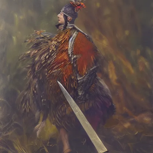 Image similar to Pheasant holding a sword, by lily seika jones , rivuletpaper art, top cinematic lighting, cinematic mood, very detailed, shot in canon, by Viktor Vasnetsov, oil painting, harsh fairy tale, soft style, hyperrealism, beautiful, high resolution, trending on artstation, steps 50