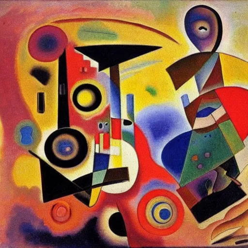 Prompt: Oil painting by Kandinsky. Two mechanical gods with animal faces having a conversation. Oil painting by Dali.