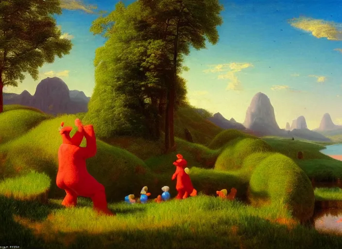 Prompt: american realist romanticism landscape painting of teletubbies in the style of hudson river school and thomas cole and albert bierstadt and robert duncanson