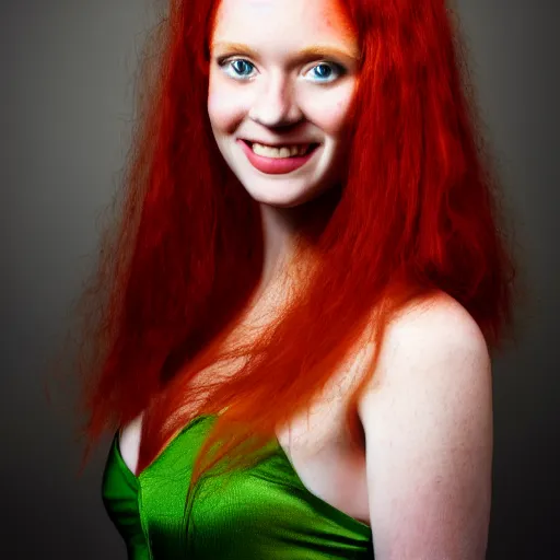 Image similar to artistic photo of a young beautiful woman with red hair and green eyes looking at the camera, smiling slightly, studio lighting, award winning photo by Annie Liebowitz