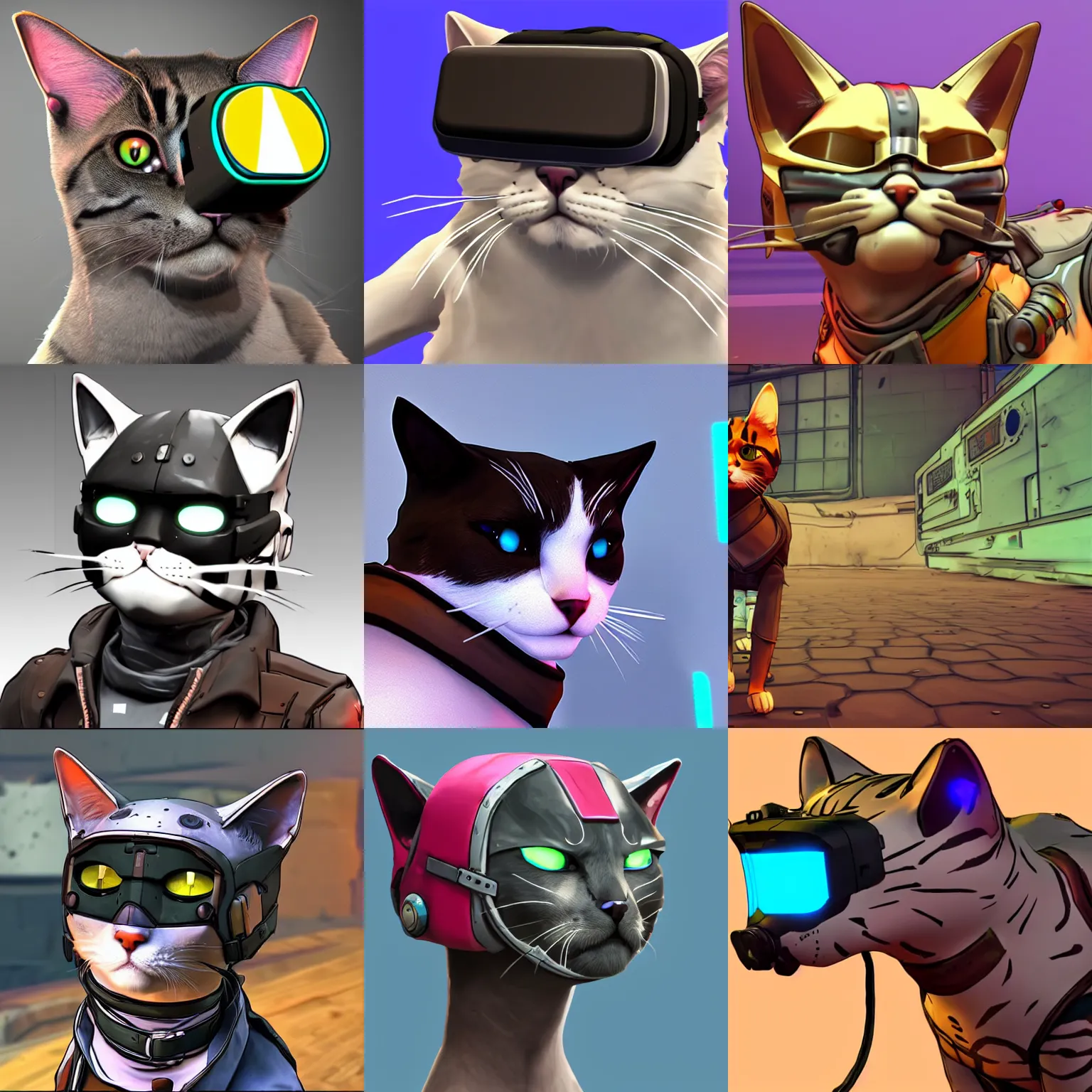 Prompt: a cat wearing a vr helmet, cel shading, borderlands, unreal engine, highly detailed