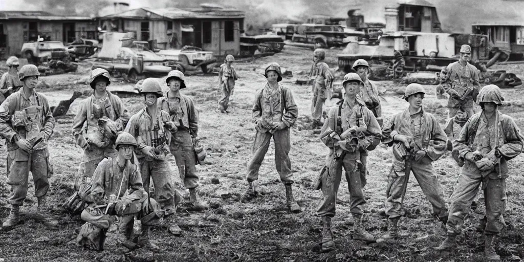 Prompt: detailed sharp photograph in the style of popular science circa 1 9 5 5 and gregory crewdson of a 1 9 5 0 s of a platoon of soldiers on base in korean war