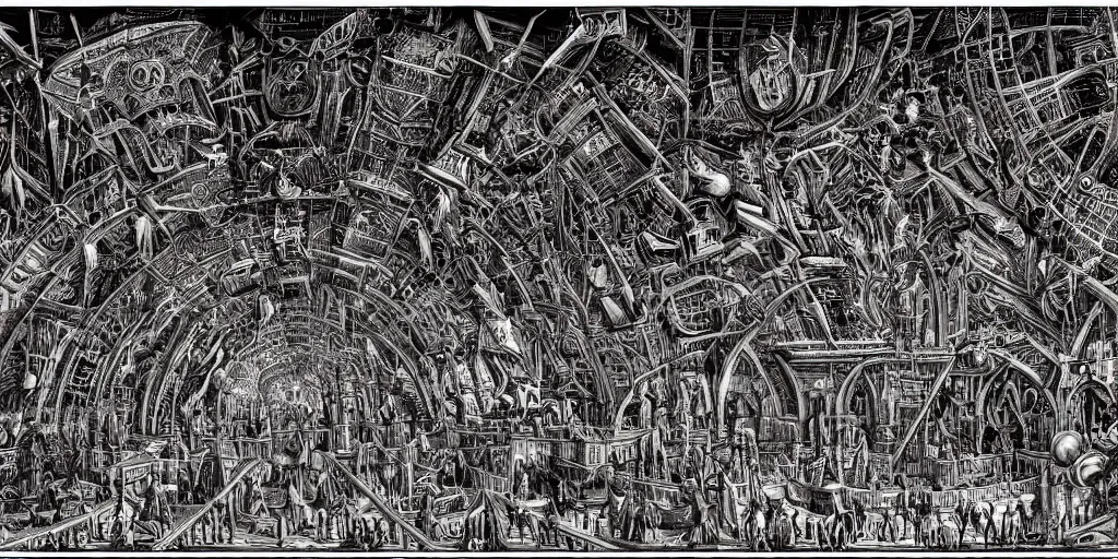 Image similar to labyrinth megastructure in the style of heironymus bosch, dark intricate masterpiece, hyper detailed, hd