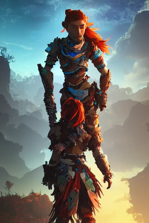 Image similar to combination suit armor aloy horizon forbidden west horizon zero dawn radiating a glowing aura global illumination ray tracing hdr fanart arstation by ian pesty and alena aenami artworks in 4 k tribal robot ninja mask helmet backpack