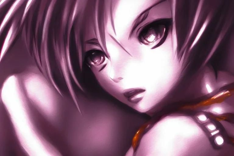 Prompt: sultry look in her eyes Yuffie Kisaragi close-up portrait looking straight on, complex artistic color pencil sketch illustration, full detail, gentle shadowing, fully immersive reflections and particle effects, chromatic aberration.