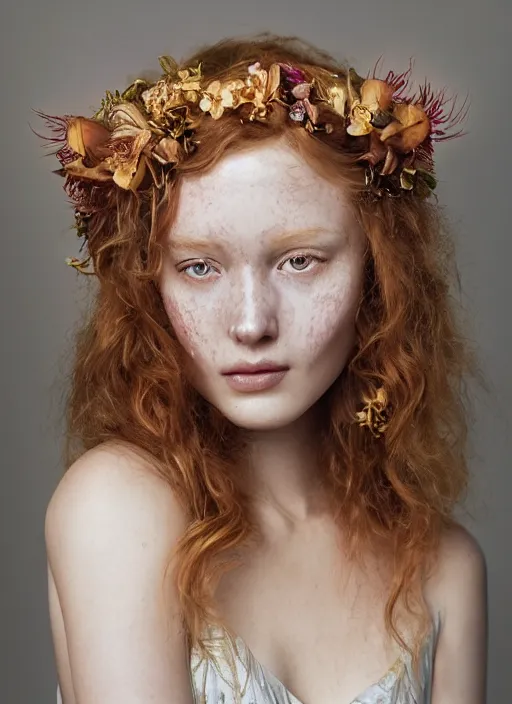 Prompt: oil on canvas portrait of ethereal ginger beauty with wavy hair an orchid floral crown, little freckles on her skin, background of silver and gold intricated mandelbug patterns, smooth, zenithal lighting, photo studio composition, by artgerm, greg rutkowski and WLUM.
