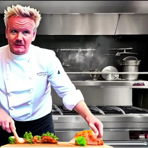 Image similar to hyper real Gordon Ramsey cooking a unicorn in kitchen 4k