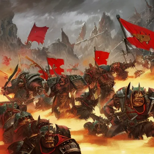 Image similar to Orcs from Warhammer Fantasy with USSR flags are charging by Greg Rutkowski