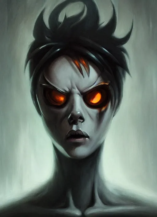Image similar to dark portrait painting of tracer from overwatch, in style of zdzisław beksinski, scary, horror, overwatch tracer character, detailed face, dressed in dark garment, black tendrils, tall,