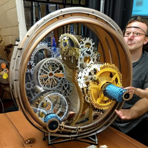 Image similar to a steampunk hamster engineer running inside a hamster wheel that looks like a cog connected to other cogs