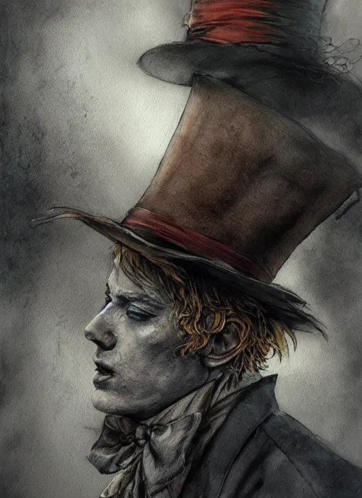 Image similar to portrait, The Mad Hatter, watercolor, dramatic lighting, cinematic, establishing shot, extremly high detail, foto realistic, cinematic lighting, pen and ink, intricate line drawings, by Yoshitaka Amano, Ruan Jia, Kentaro Miura, Artgerm, post processed, concept art, artstation, matte painting, style by eddie mendoza, raphael lacoste, alex ross