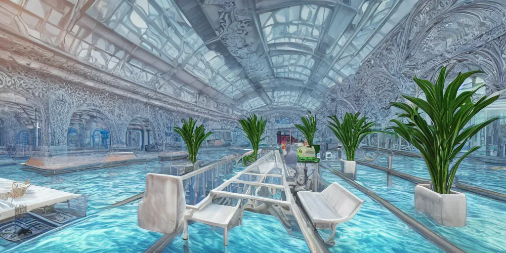 Prompt: a modern metro station underwater surounded a hiper detailed inkdrop in water, clean architecture, pastel colored, baroque, a couch, a couch table, some fresh plants, intricate detailed 3 d render, hyper realistic intricate acrilic fluid art, elegant, intense colors, wide shot, octane render, concept art, daylight, peaceful, 8 k