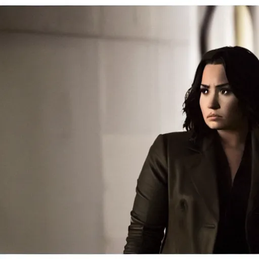 Image similar to close-up of Demi Lovato as a detective in a movie directed by Christopher Nolan, movie still frame, promotional image, imax 70 mm footage