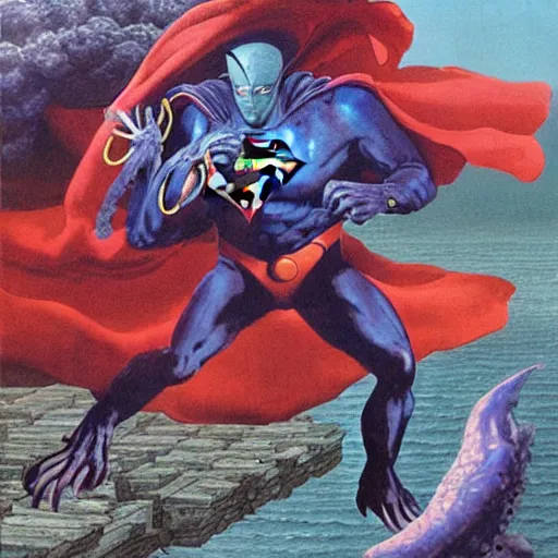 Image similar to squid monsters fighting superman, by Wayne Barlowe