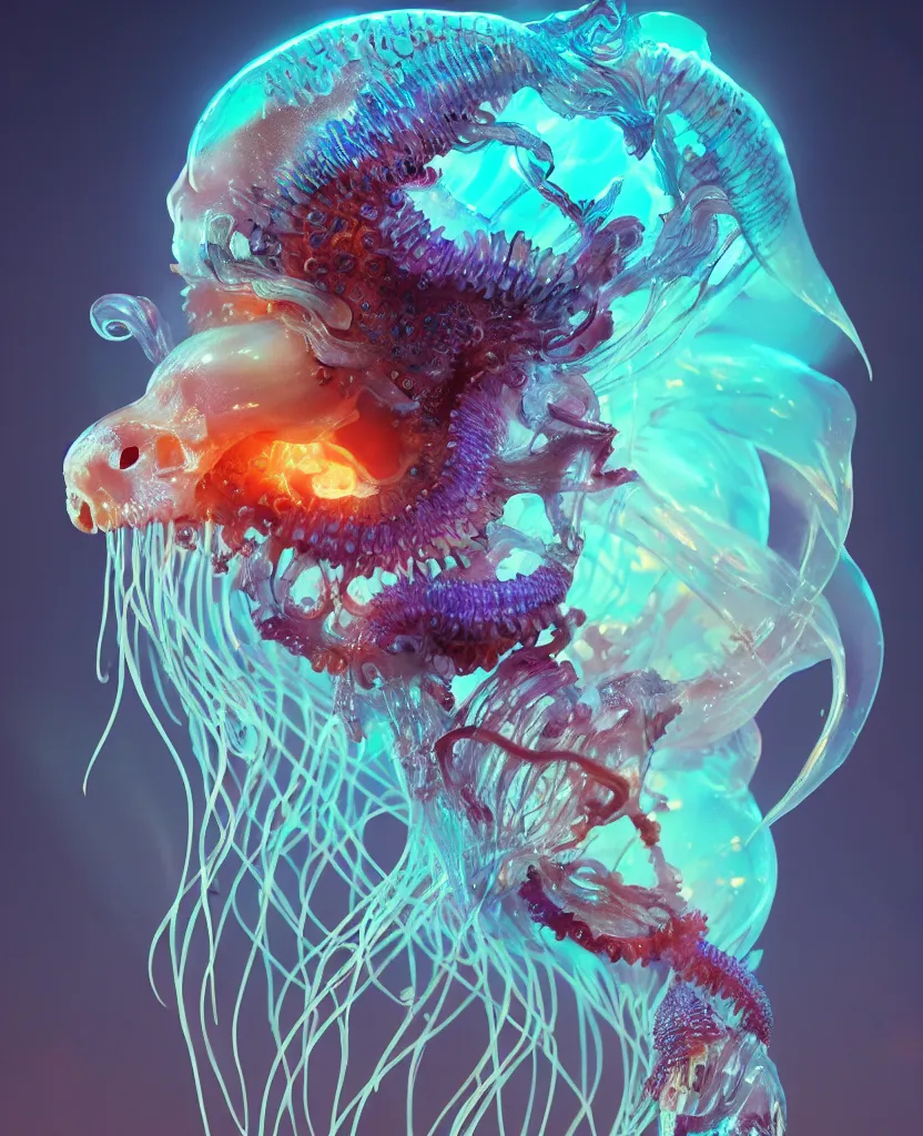 Image similar to goddess close-up portrait animal skull. jellyfish phoenix head, nautilus, orchid, skull, betta fish, bioluminiscent creatures, intricate artwork by Tooth Wu and wlop and beeple. octane render, trending on artstation, greg rutkowski very coherent symmetrical artwork. cinematic, hyper realism, high detail, octane render, 8k