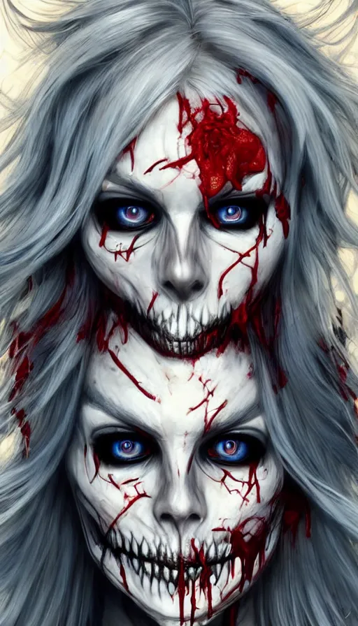 Prompt: skeleton covered with blood, jessica nigri face!!, highly detailed face, long white hair, beautiful blue eyes, black heavy eyeliner, ultra realistic, concept art, intricate details, photorealistic, octane render, 8 k, unreal engine. retro film still, heavy grain, 3 5 mm, art by artgerm and greg rutkowski and alphonse mucha