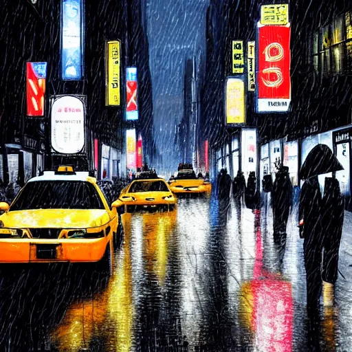 Image similar to « a man walking in a night raining streets, new york, big city, taxi, cars, shops one the side with neons, digital art, highly detailed »