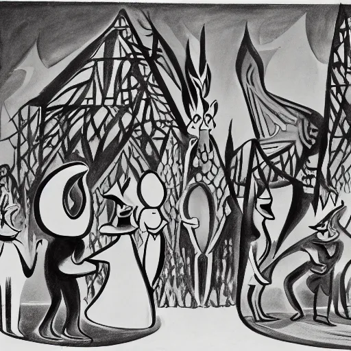 Image similar to group of cartoon characters standing in front of a fire, concept art by Lotte Reiniger, cg society, harlem renaissance, hellish background, lovecraftian, matte drawing