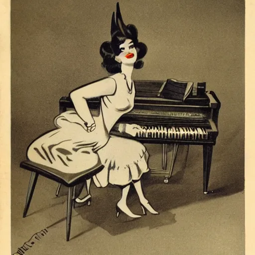 Prompt: vintage beautiful woman, wearing devil horns and sitting in an piano, retro cartoon