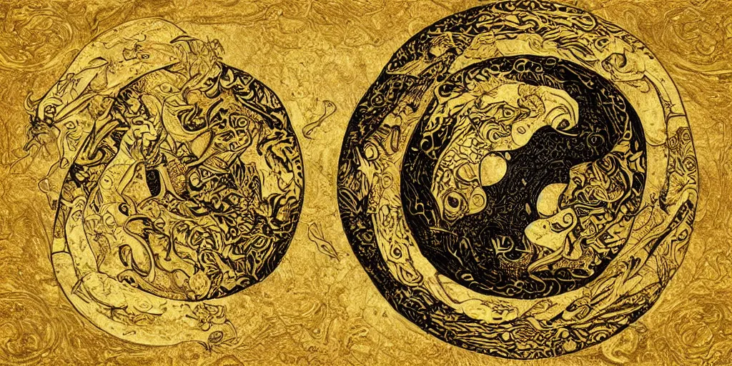 Image similar to realistic scene of dragons as ying yang, golden, delicate, hyper realism, 1 4 5 0, ink, ultra realistic, 8 k