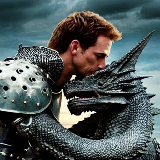 Image similar to a knight kissing a dragon. Amazing movie still.