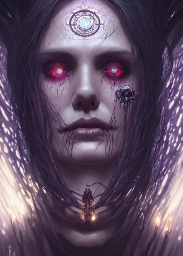 Image similar to Necromancer Sorceress face close-up macro in center, fantasy magic, undercut hairstyle, dark light night, intricate, elegant, sharp focus, illustration, highly detailed, digital painting, concept art, matte, art by WLOP and Artgerm and Greg Rutkowski and Alphonse Mucha, masterpiece