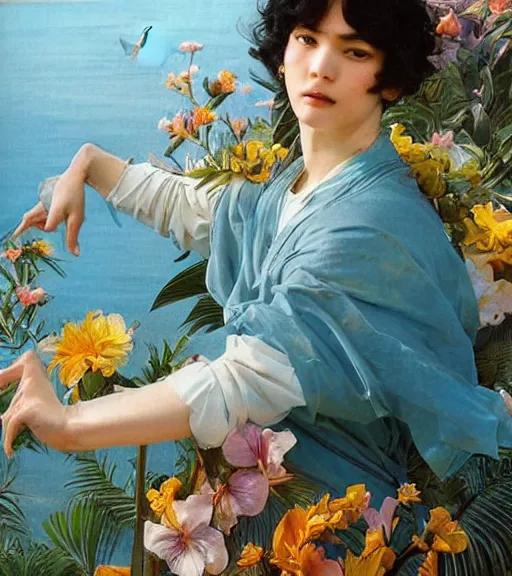 Prompt: harmony of swirly black haired yoongi wearing baby blue greek clothes, muted colors, colorful flowers, tropical, sunlight filtering through skin, dynamic hair movement, dynamic pose, glowing butterflies, j. c leyendecker, by alan lee, wlop! illustrated by starember, fantasy art by craig mullins