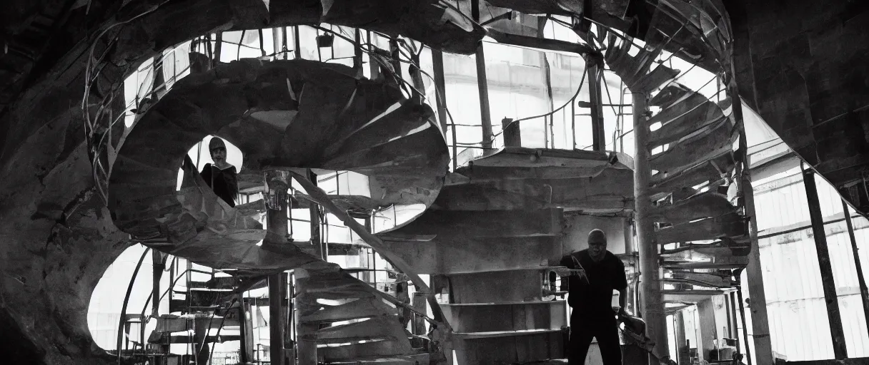 Image similar to frank ocean building a spiral staircase in the centre of the room, inside of a warehouse, greyscale,