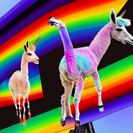 Prompt: 3 rainbow llamas standing around a crt monitor, 8 k