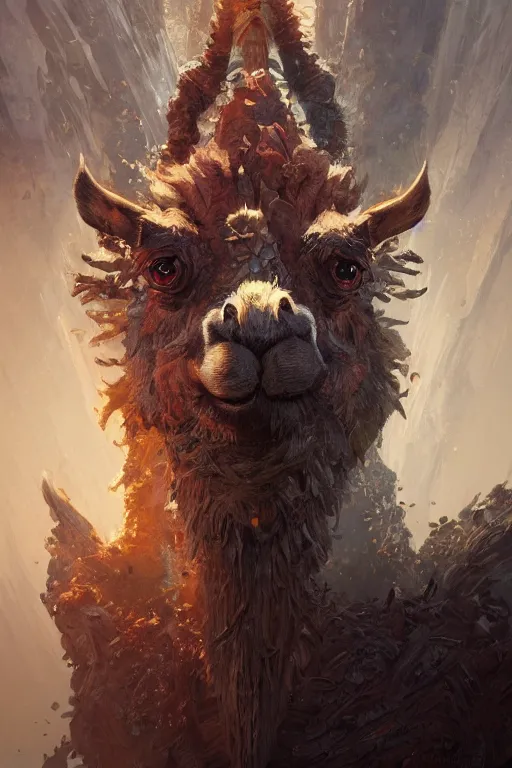 Image similar to Hyperdetailed masterpiece concept art of Llama monster of the Incas hyperdetailed concept art by Greg Rutkowski and Ross Tran, high quality DnD illustration, trending on ArtStation, all rights reserved Wizards of the Coast.