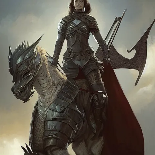 Prompt: emily blunt as a medieval knight, sword plunging into a dragon, shield held high protecting her from its flaming breath, fantasy art by greg rutkowski