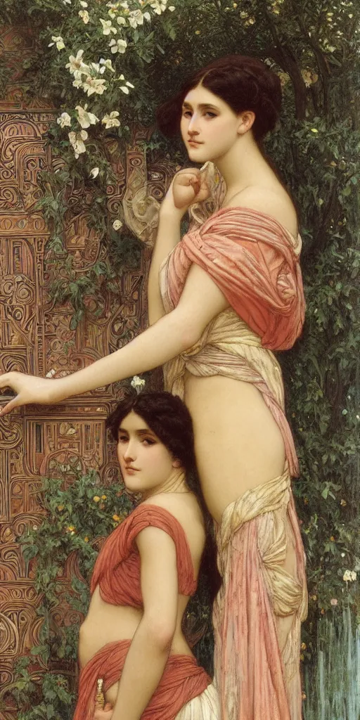 Prompt: at the gate of the temple by john william godward painted by alphonse mucha