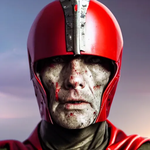 Image similar to headshot of a 5 0 year old soldier wearing blood - spattered glossy sleek white dinged scuffed armor and a long torn red cape, heroic posture, battle - weary, strained expression, determined expression, no helmet, on the surface of mars, dramatic lighting, cinematic, sci - fi, hyperrealistic, detailed